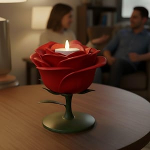 Puede incluir: Un portavelas en forma de rosa roja con una vela blanca encendida. El portavelas tiene un tallo y una base verdes y está sobre una mesa de madera. Es un artículo decorativo.