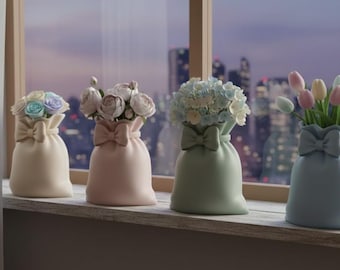 Bloemenvaas met lint | 3D-afdrukbaar decoratief model | Woondecoraties | Minimale ondersteuning | Tafelornament