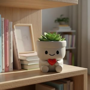 Peut inclure: Un pot de plante en céramique blanc cassé en forme de personnage, tenant un cœur rouge. Il contient une plante succulente verte. Il est posé sur une étagère en bois avec des livres et un cadre photo. Thème : décoration intérieure.
