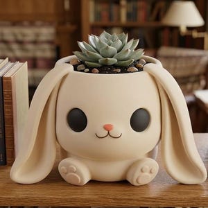 Pode incluir: Um vaso em forma de coelho creme com olhos pretos grandes, orelhas compridas e um nariz rosa. O vaso contém uma planta suculenta com folhas verdes e pequenas pedras. O vaso está sobre uma superfície de madeira.