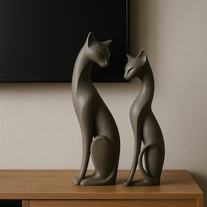 Könnte beinhalten: Zwei graue Katzenskulpturen mit schlanken, eleganten Formen. Sie stehen auf einem Holzschrank, mit dunklem Hintergrund. Die Skulpturen haben eine glatte Oberfläche und blicken einander an, was eine harmonische Atmosphäre schafft.