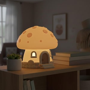 May include: A whimsical mushroom-shaped night light with a warm, inviting glow. The lamp features a detailed house-like base with a door and window, and a dotted mushroom cap. A small succulent plant in a gray pot sits nearby on a wooden shelf.