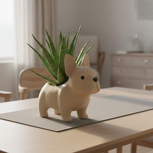 Könnte beinhalten: Ein beigefarbener Keramik-Blumentopf in Form einer französischen Bulldogge, der eine grüne Sukkulentenpflanze enthält. Der Topf steht auf einem Holztisch mit einer grauen Tischmatte. Der Raum hat eine neutrale Farbpalette.