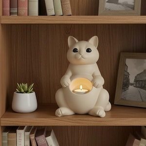 May include: A cream-coloured cat-shaped candle holder with a lit candle inside. The ceramic cat has black eyes and is sitting on a wooden shelf. A small white potted succulent and framed pictures are also on the shelf.