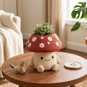 May include: A whimsical mushroom-shaped planter with a red cap and white polka dots, holding a succulent plant. The planter has a smiling face and arms and legs. A small bird figurine and a coaster sit on a wooden table.