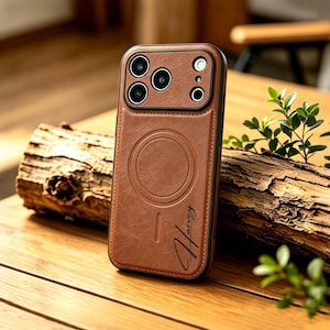 May include: A brown leather-textured phone case featuring a circular magnetic charging ring on the back, a black camera module with three lenses and a flash, and the name Harvey written in black cursive script on the lower right side.
