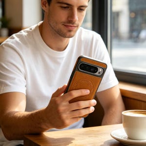 May include: A smartphone case featuring a tan, leather-like back panel with a circular magnetic charging ring design. The case has a black frame surrounding the camera module and edges, providing a contrast to the textured tan material.