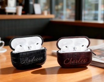 AirPods Hülle mit individuellem Namen, AirPods Pro 2/3 Hülle aus Leder mit Krokoprägung, AirPods Hülle mit personalisiertem Monogramm, Groomsmen Geschenk für Männer
