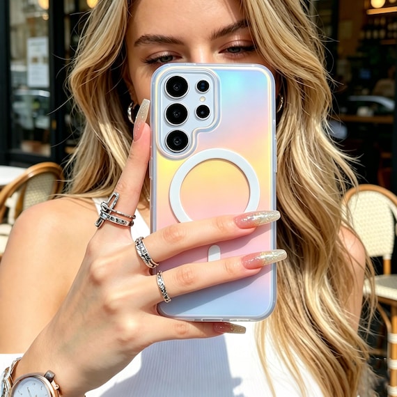 Iridescent Holographic Magnetic  Phone Case, Pastel Gradient, Shockproof Protective Cover, Cute Gift for Her, Fits Samsung S26 S25 S24 Ultra