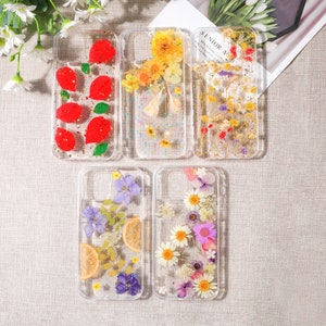 Coque de portable fleurs pressées pour iPhone 15 14 13 12 11 pro max X XR 8 SE, coque fleurs séchées, coque Iphone 13 fleurie, cadeau floral pour elle