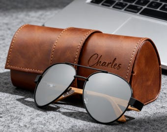 Personalized Engraved Leather Sunglasses Case, Custom Name/Initials Vintage Hard Shell Eyeglass Holder, Protective Case for Men/Women