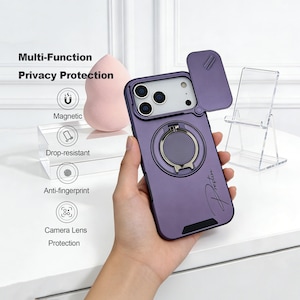 May include: Purple phone case with a sliding camera cover and a ring holder. The case has the word "Preston" in script. Features include magnetic, drop-resistant, and anti-fingerprint protection. The text "Multi-Function Privacy Protection" is also visible.