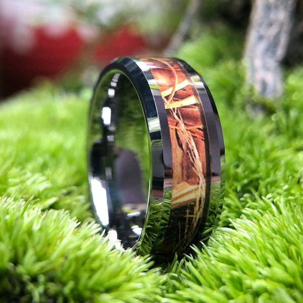 Camo Trees Leaves Mens Wedding Ring 8mm Wedding Band Enagagement Anniversary Tungsten Unique Promise Carbide Ring For Him