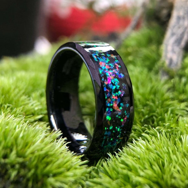 Galaxy opal Tungsten Weddings Rings Black Hammered Men's Wedding Band Engagement Ring Faceted 8mm Unique  promise anniversary Matching ring