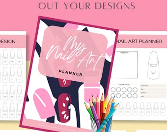 May include: A pink and white planner with the title "My Nail Art Planner" and colorful abstract shapes. The planner includes templates for nail art designs, a color palette, and a section for inspiration.
