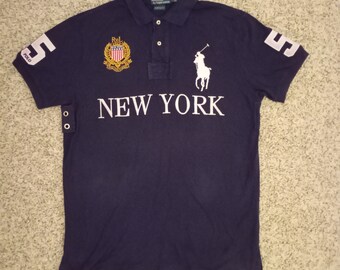 Vintage Polo Ralph Lauren 90s shirt bleu Navy Big logo Embroidered New York L