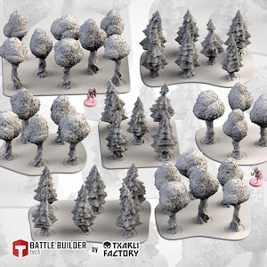 May include: A selection of miniature grey trees, including deciduous and evergreen types, presented on individual bases. The trees vary in size and shape, ideal for tabletop gaming or model scenery. The image includes the text "BATTLE BUILDER tech by TXARLI FACTORY".