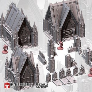 May include: A collection of gray miniature gothic buildings, including churches, tombstones, and walls. The structures have detailed architectural features and are accompanied by small, pink figurines. The Battle Builder and Txarli Factory logos are visible.