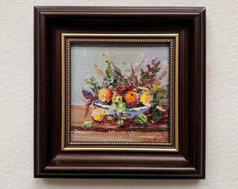 Framed fruit platter oil painting decor gift wall art home accessories decor housewarming gift for friend 4 x 4 small miniature painting