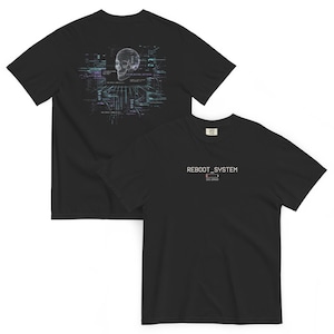 May include: A black short-sleeved t-shirt featuring a front graphic with the text REBOOT_SYSTEM above a low battery icon and the text 00% ERROR. The back graphic displays a wireframe skull surrounded by digital data streams and code text.