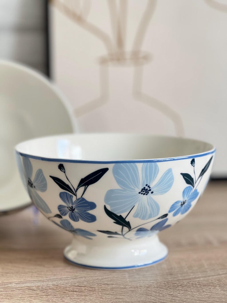 Stoneware Bowl, Blue and White – Bowl With Floral Pattern on a Footed ...