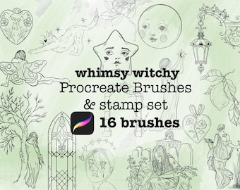 Whimsy Witchy Procreate ブラシ＆スタンプセット – イラストレーター、タトゥーアーティスト、クリエイターのための魔法のラインアートブラシ16種類