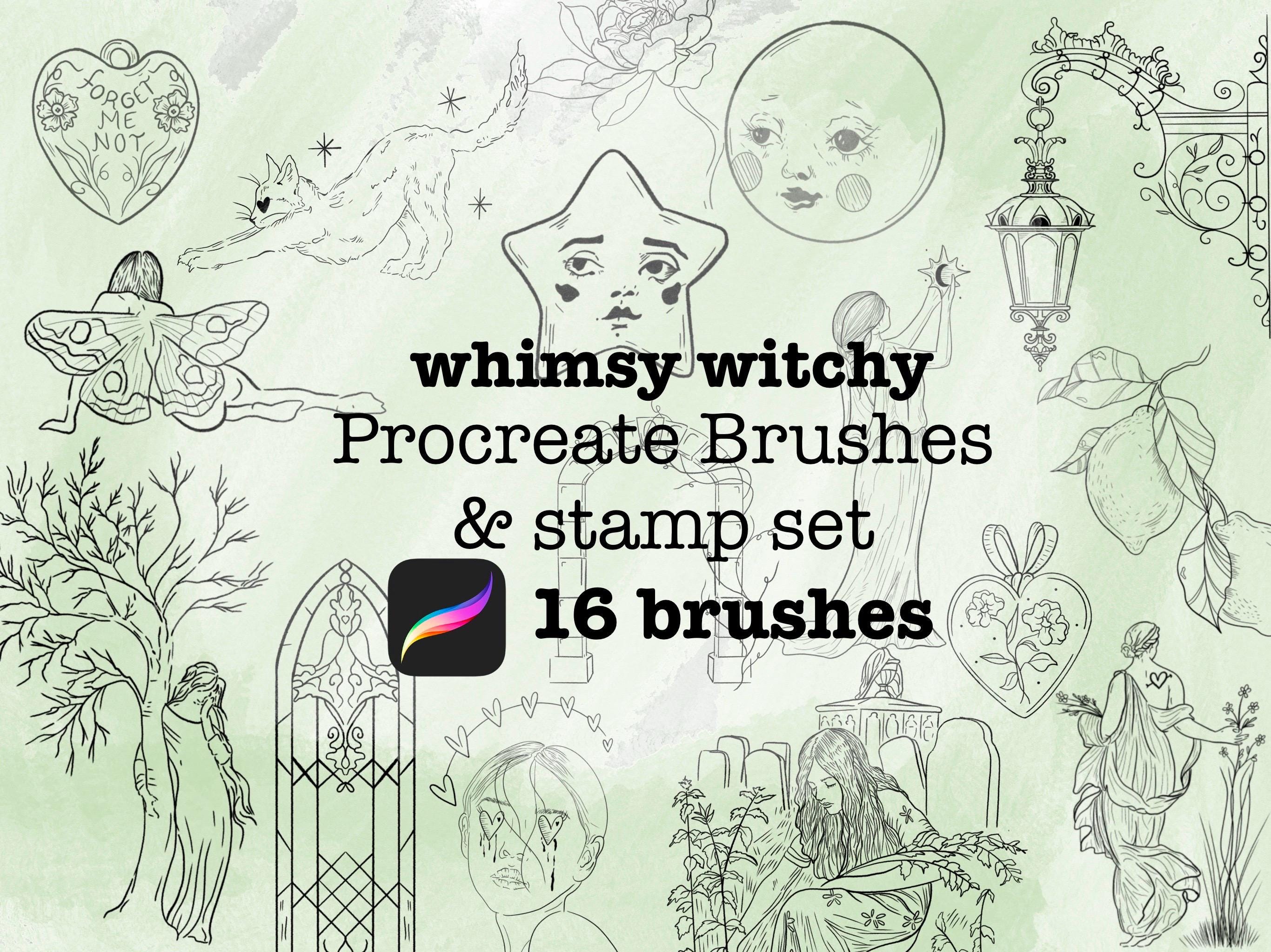 Whimsy Witchy – Set de pinceles y sellos para Procreate: 16 pinceles de line art mágicos para tattoo flash, ilustración y journals
