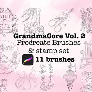 Könnte beinhalten: Digitales Kunstset "GrandmaCore Vol. 2" mit 11 Procreate-Pinseln und einem Stempelset. Das Bild zeigt Schwarz-Weiß-Illustrationen von Vintage-Objekten, darunter ein Schaukelstuhl, eine Schere und florale Designs.