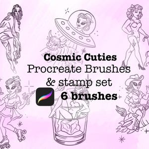 Puede incluir: Conjunto de arte digital titulado "Cosmic Cuties" con seis pinceles y conjuntos de sellos Procreate únicos. Las ilustraciones representan a mujeres alienígenas de estilo retro en varias poses, incluyendo patinaje sobre ruedas y montar a caballo, con un fondo de acuarela rosa.