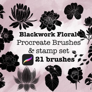 May include: Black and white floral illustrations for Procreate. This set includes 21 brushes and stamps for creating blackwork floral designs.