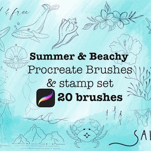 May include: A set of 20 Procreate brushes and stamps with a summer and beachy theme. The image features illustrations of seashells, starfish, a whale, a crab, flowers, and other beach-related imagery. The text "Summer & Beachy Procreate Brushes & stamp set 20 brushes" is displayed in the center of the image.
