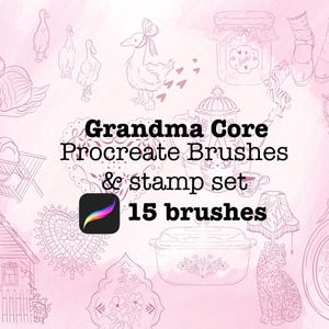 May include: Pink digital art set titled "Grandma Core Procreate Brushes & stamp set". The image features line drawings of various objects, including a swan, ducks, a teapot, and a cat. The set includes 15 brushes.