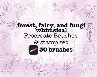 気まぐれな森、妖精の菌類 Procreate スタンプセット – タトゥーフラッシュ、ジャーナル、デジタルアート用の魔法のラインアートブラシ30種類