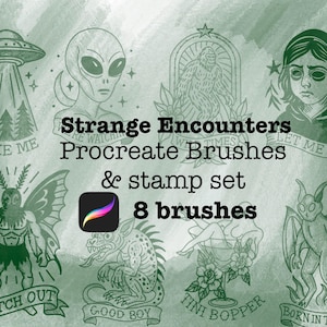 Puede incluir: Conjunto de arte digital titulado "Strange Encounters" con ocho pinceles Procreate y un juego de sellos. Las ilustraciones son en verde e incluyen un OVNI, un extraterrestre, un Bigfoot, una niña, un hombre polilla, una criatura, una mujer en una copa de martini y un demonio alado.