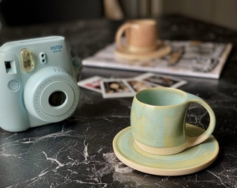 Verona Green Stoneware Ceramic Cup, Cute Minimalist Double Espresso Cup, Unique Handmade Pottery, Modern Turkish Coffee Cup