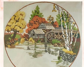 Fall Mill Pond, Vintage Crewel Embroidery Kit by Sunset Stitchery