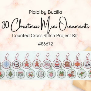30 Christmas Mini Ornaments, Counted Cross Stitch Christmas Decoration Project Kit from Plaid by Bucilla