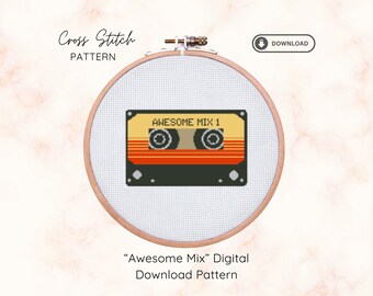 Awesome Mix Cassette Tape Counted Cross Stitch Pattern , Digital Download, Retro Pop Culture, funny cross stitch