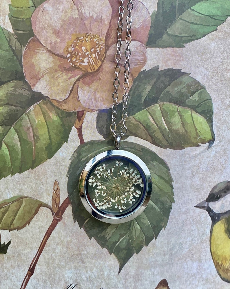 Natural Jewelry,terrarium necklace,botanical,real plant jewelry,bridesmaid necklace,queen anne's lace, pressed flower,dried plant necklace