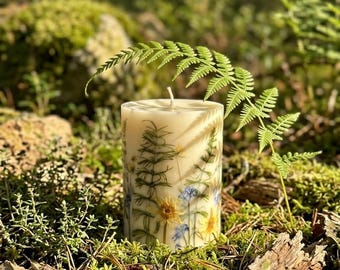 Vela artesanal de cera de soja con flores silvestres, velas botánicas de flores prensadas, decoración floral ecológica, regalo estético de verano para ella, estilo rústico.