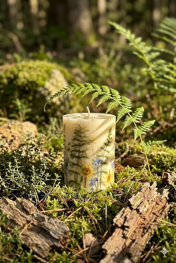 Handgefertigte Sojawachs-Kerze mit Wildblumen, botanische gepresste Blumenkerzen, umweltfreundliches Blumendekor, ästhetisches Sommergeschenk für sie, Landhaus