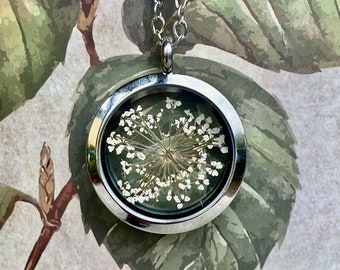 Natural Jewelry,terrarium necklace,botanical,real plant jewelry,bridesmaid necklace,queen anne's lace, pressed flower,dried plant necklace
