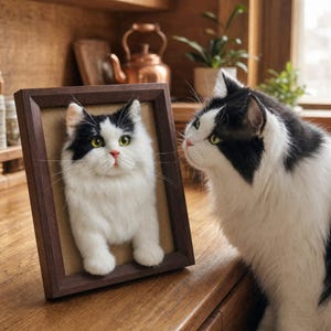 May include: A dark wood rectangular picture frame containing a three-dimensional needle-felted black and white cat portrait with yellow eyes and a pink nose, positioned next to a living black and white cat looking at the framed artwork.