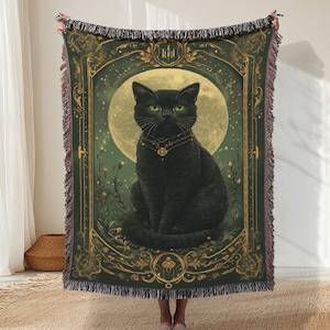 Couverture tissée chat noir mystique, jeté de tapisserie tarot, couverture de lit verte, décoration d'intérieur gothique sorcière, cadeau pour amoureux des chats, couverture de pique-nique pour animal de compagnie