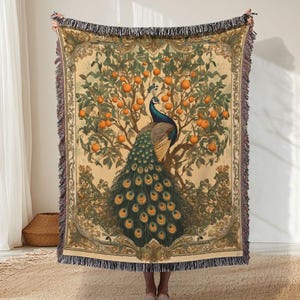 Vintage Peacock Woven Blanket, Art Nouveau Tapestry Throw, Orange Tree Blanket, Aesthetic Picnic Camping Blanket, Boho Home Décor