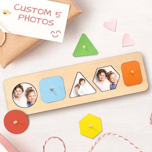 Custom Photo Montessori Shape Puzzles Educational Wooden Toy Gift for Toddlers Up to 6 Photos Variations