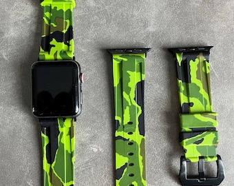 Correa de reloj de buceo de caucho de silicona Camo verde claro para Apple Watch 42/44/45/49 mm
