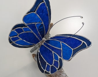 Stained Glass Blue Butterfly on Driftwood