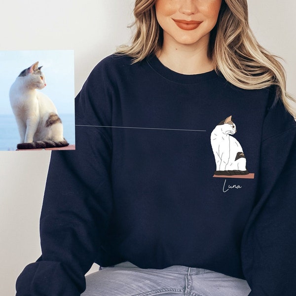 Custom Pet Portrait From Photo Sweatshirt, Cat mom Hoodie, Personalized Cat Portrait from Photo, Custom cat crewneck, Custom dog sweater