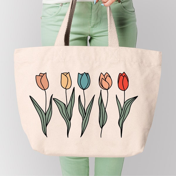Tulip Flower Canvas Tote Bag, Floral tote bag, Cute Aesthetic Tote, Minimalist Tote Bag, Pattern Tote,Shopping Tote bag canvas, Gift for Her